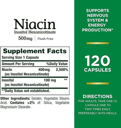 Nature's Bounty Niacin 500mg Flush Free, Cellular Energy Support, Supports Nervous System Health, 120 Capsules
