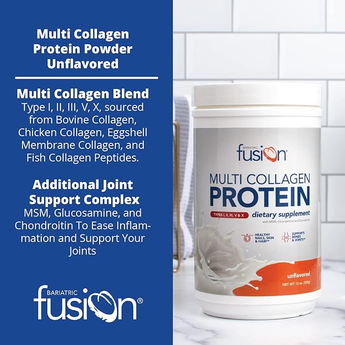 Bariatric Fusion Unflavored Multi Collagen Protein Powder | Hydrolyzed Collagen Peptides Powder Plus Joint Support Complex of MSM and Glucosamine | Type 2 | Dairy, Gluten & Soy Free | 30 Servings