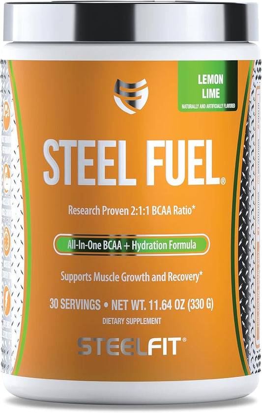 SteelFit Steel Fuel BCAA + Electrolyte Powder | Sugar-Free 2:1:1 Amino Acids Formula | Lemon Lime, 30 Servings | No Crash Workout Hydration, Muscle Growth & Recovery