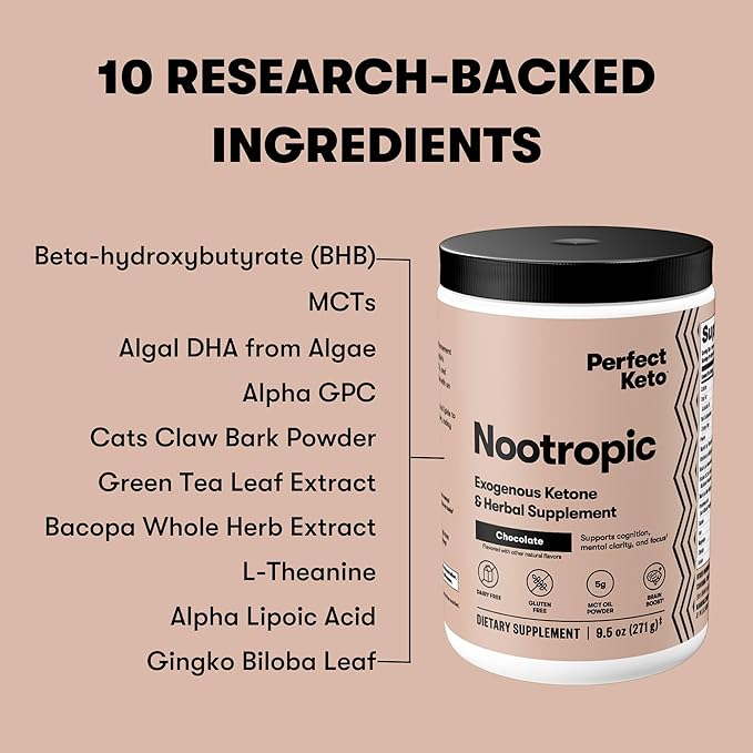 Perfect Keto Nootropic Brain Support, Caffeine Free Focus and Energy Supplement with Alpha Lipoic Acid, L Theanine, Ginkgo Biloba, Alpha GPC, MCT's, Collagen, Ketones, Chocolate Drink Mix, 15 Servings