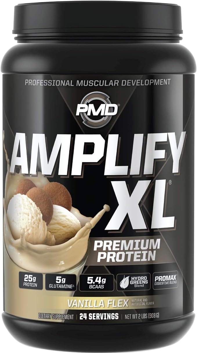 PMD Sports Amplify XL Premium Whey Protein Supplement Hydro Greens Blend - Glutamine and Whey Protein Matrix with Superfood for Muscle, Strength and Recovery - Vanilla Flex (24 Servings)