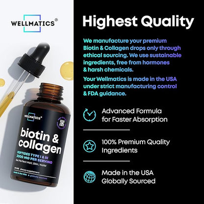 Liquid Collagen & Biotin Drops - 30000mcg Biotin, Collagen Boost for Women & Men - Collagen Peptides (Type I, III) & Biotin Oil for Hair, Skin & Nails - Natural Hair Growth Complex - 2 fl oz