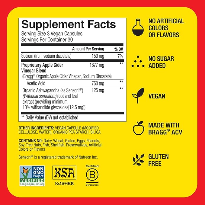Bragg Daily Balance Apple Cider Vinegar and Sensoril Ashwagandha Capsules - 750mg of Acetic Acid – Energy & Weight Management Support - (90 Pills)