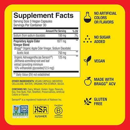 Bragg Daily Balance Apple Cider Vinegar and Sensoril Ashwagandha Capsules - 750mg of Acetic Acid – Energy & Weight Management Support - (90 Pills)
