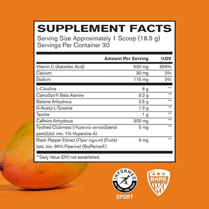 BARE PERFORMANCE NUTRITION BPN Flight Pre Workout, Supports Energy and Mental Focus, Improved Endurance & Muscle Pumps with CarnoSyn® Beta Alanine, Mango, 30 Servings