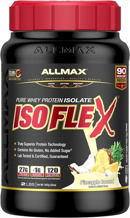 ALLMAX ISOFLEX Whey Protein Isolate, Pineapple Coconut - 2 lb - 27 Grams of Protein Per Scoop - Zero Fat & Sugar - 99% Lactose Free - Gluten Free & Soy Free - Approx. 30 Servings