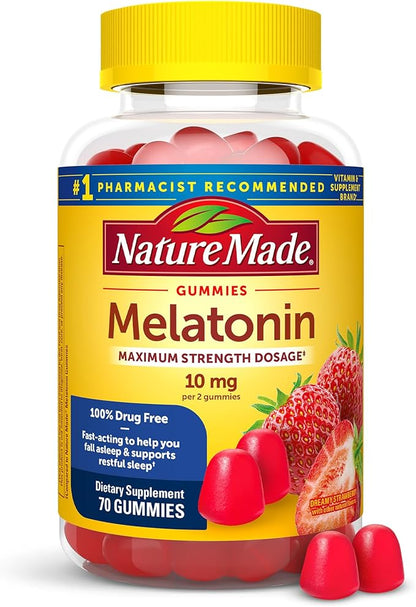 Nature Made Melatonin 10mg per serving Gummies, Maximum Strength Dosage, 100% Drug Free Sleep Aid for Adults, 70 Melatonin Gummies, 35 Day Supply