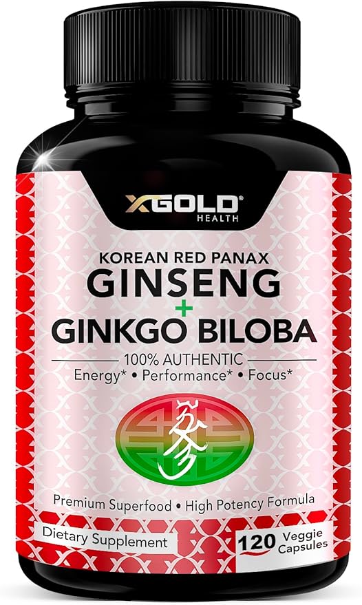Korean Red Panax Ginseng 1200mg + Ginkgo Biloba -120 Vegan Capsules - High Ginsenosides Extra Strength Root Extract Powder Supplement for Energy, Performance & Focus Pills for Men & Women
