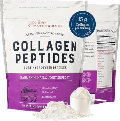 Live Conscious Collagen Peptides Powder - Naturally-Sourced Hydrolyzed Collagen Powder - Hair, Skin, Nail, and Joint Support - Type I & III Grass-Fed Collagen Supplements for Women and Men - 16oz