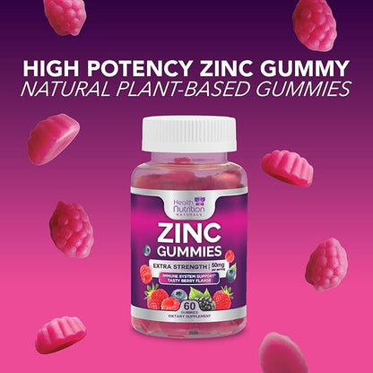 Zinc Gummy for Adults 50mg, Max Strength Bone, Skin & Immune Support Zinc Gummies, Vegan, Non-GMO & Gluten Free, Immune Health Support, Nature’s Antioxidant Chewable Zinc Vitamins - 60 Gummies