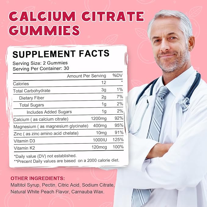 Calcium Citrate 1200mg with Vitamin D3 Gummies, Calcium Gummies with Vitamin D3 for Women & Men, Calcium Magnesium Zinc for Bone Muscle Healthy- Natural White Peach Flavor- 30 Day Supply