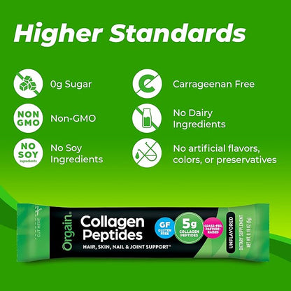 Orgain Hydrolyzed Collagen Peptides Travel Packets For Women & Men - 5g Grass Fed Collagen Per Serving, Hair, Skin, Nail & Joint Support Supplement, Non-GMO, Type I & III - Unflavored (25 Count)