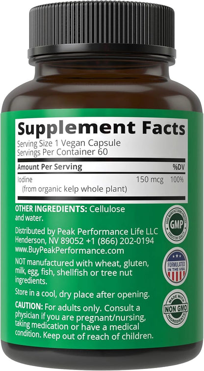 Raw Whole Food Iodine Supplement from Organic Kelp (Ascophyllum Nodosum) by Peak Performance. Potassium Iodide Support Tablets. for Metabolism, Energy, and Immune. 60 Vegan Capsules, Pills.