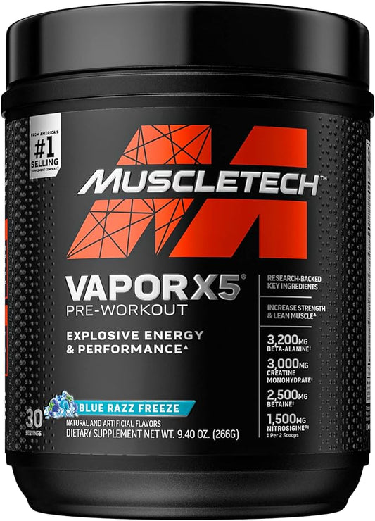 Pre Workout Powder | MuscleTech Vapor X5 | Pre Workout Powder for Men & Women | PreWorkout Energy Powder Drink Mix | Sports Nutrition Pre-Workout Products | Blue Raspberry (30 Servings)-Package Varies