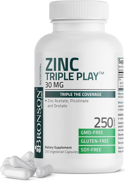 Bronson Zinc Triple Play 30 mg Triple Coverage Immune Support Zinc Supplement with Zinc Acetate, Picolinate & Orotate - Immune, Antioxidant & Skin Health Support - 250 Vegetarian Capsules
