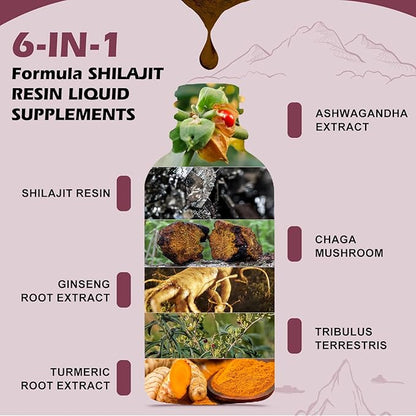 Shilajit Resin Liquid Drops | Shilajit for Men and Women with Ashwagandha, Turmeric, Ginseng, Chaga, 85+ Trace Minerals Fulvic Acid Shilajit Resin Complex for Immune Support, Energy Booster - Vegan