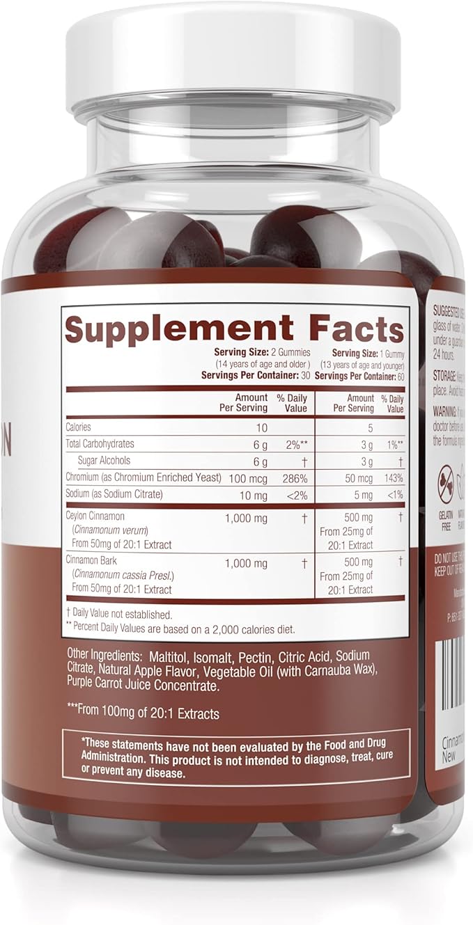 Sugar-Free Ceylon Cinnamon Gummies (2,000mg/Serving) Joint Pain Support Cinnamon Supplement & Brain Health, Vegan, Gluten-Free, Replace Ceylon Cinnamon Capsules, Pills, Powder Extract 60 Chews