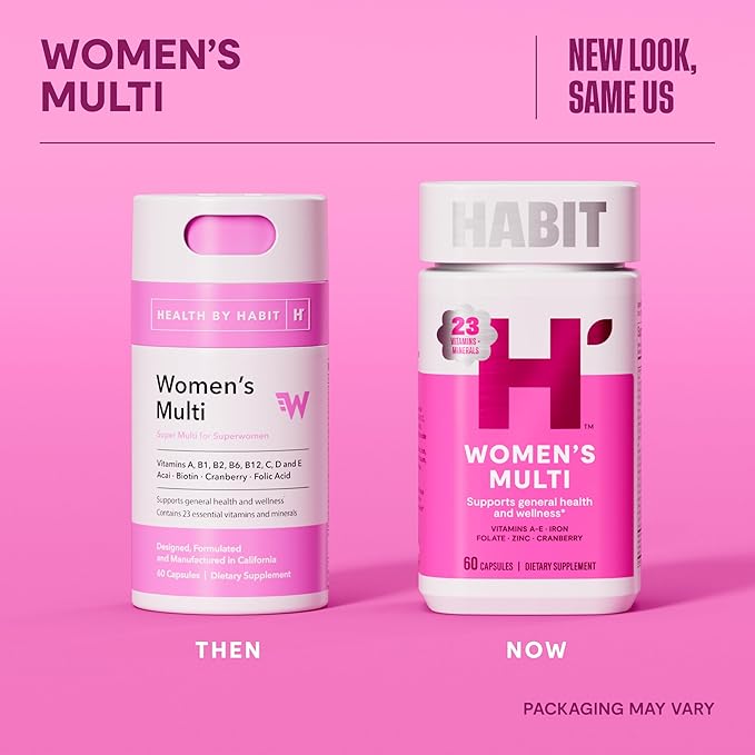 Habit Womens Multi Supplement 2 Pack (120 Capsules) - New Look, Supports General Health & Wellness, 23 Essential Vitamins and Minerals, Fruit extracts, Folate, Iron, B12, Biotin, Non-GMO