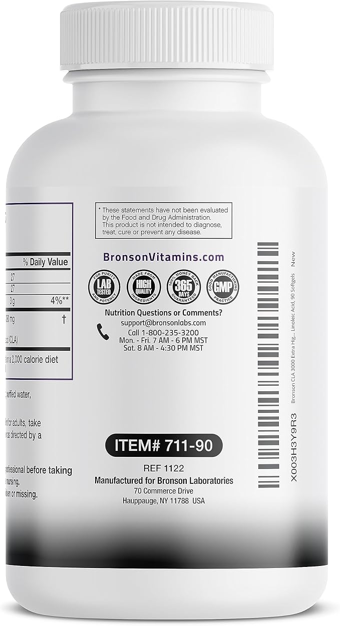 Bronson CLA 3000 Extra High Potency Supports Healthy Weight Management Lean Muscle Mass Non-Stimulating Conjugated Linoleic Acid, 90 Softgels
