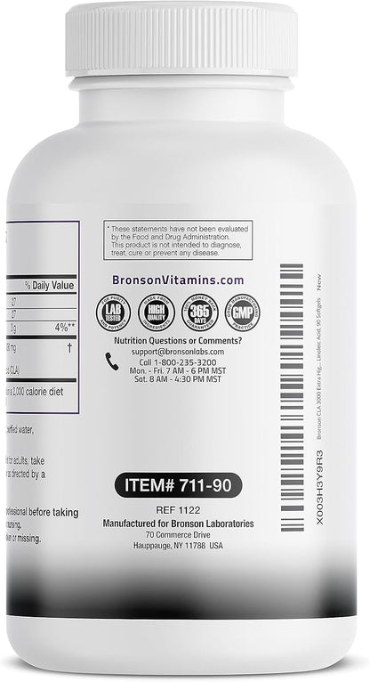 Bronson CLA 3000 Extra High Potency Supports Healthy Weight Management Lean Muscle Mass Non-Stimulating Conjugated Linoleic Acid, 90 Softgels