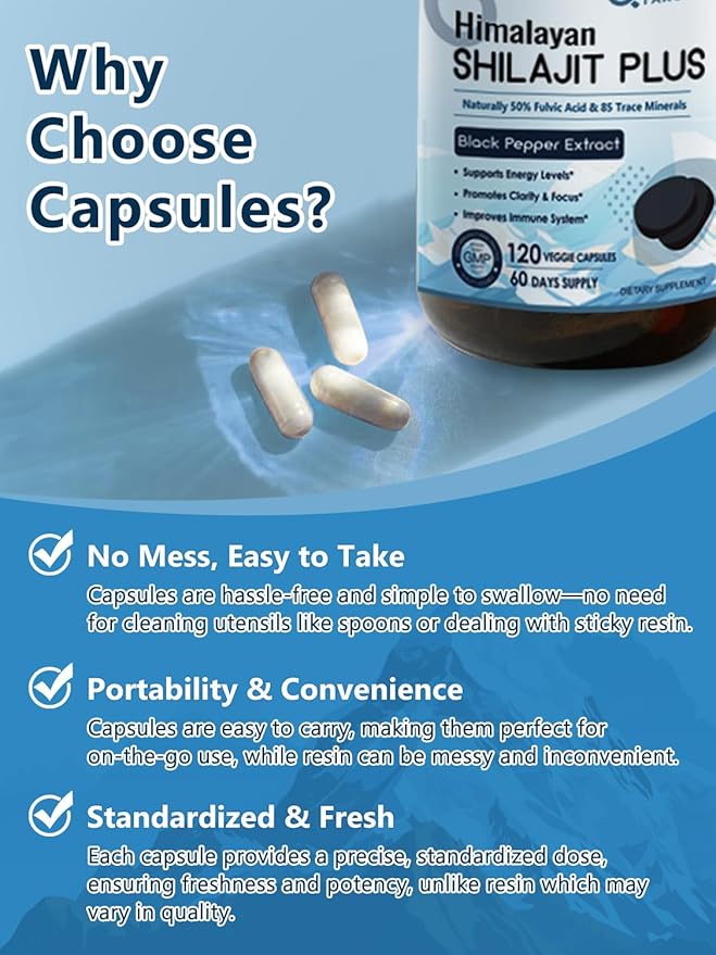 Shilajit, Pure Shilajit with 50% Naturally Occuring Fulvic Acid for Energy Boost, 85+ Trace Minerals, Shilajit for Men & Women, 500 MG Shilajit Capsules, 120 Capsules