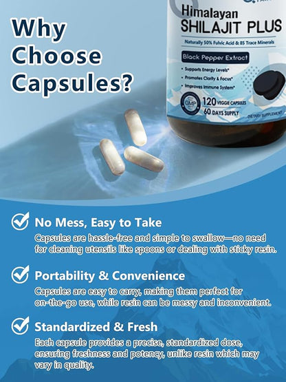 Shilajit, Pure Shilajit with 50% Naturally Occuring Fulvic Acid for Energy Boost, 85+ Trace Minerals, Shilajit for Men & Women, 500 MG Shilajit Capsules, 120 Capsules