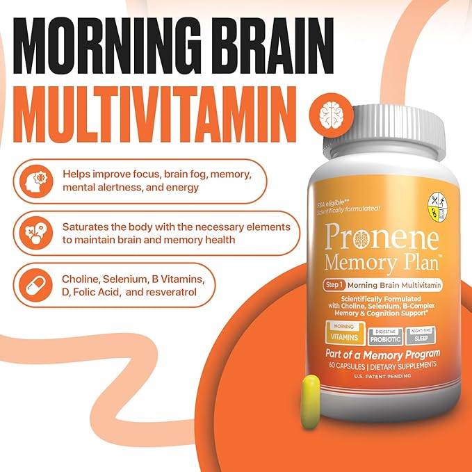PRONENE Memory Plan (60 ct) Morning Brain Multivitamin | Nootropic Supplement w/Choline, Selenium, Folic Acid, D, & B Vitamins | Optimized nutrients Support Brain, Immunity & Memory.