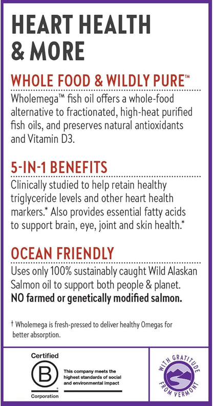 New Chapter Wholemega Fish Oil Supplement - Wild Alaskan Salmon Oil with Omega-3 + Vitamin D3 + Astaxanthin + Sustainably Caught - 60 ct, 1000mg Softgels