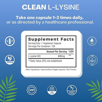 Clean L-Lysine 600mg, 120 Capsules | Vegan, Non-GMO, & Gluten Free