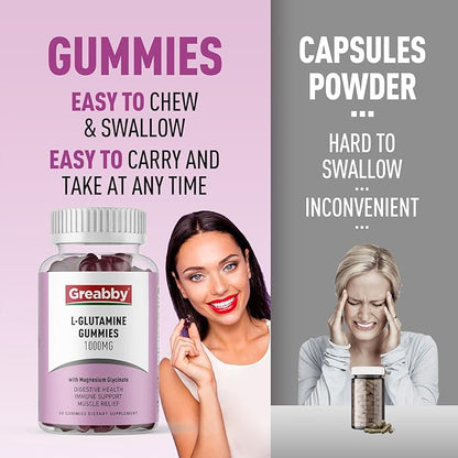 L Glutamine 1000mg Gummies - Muscle Relief & Immune Support, Amino Acid Supplement with Magnesium Glycinate, Vegan & Non-GMO, Gluten Free (60 Count)