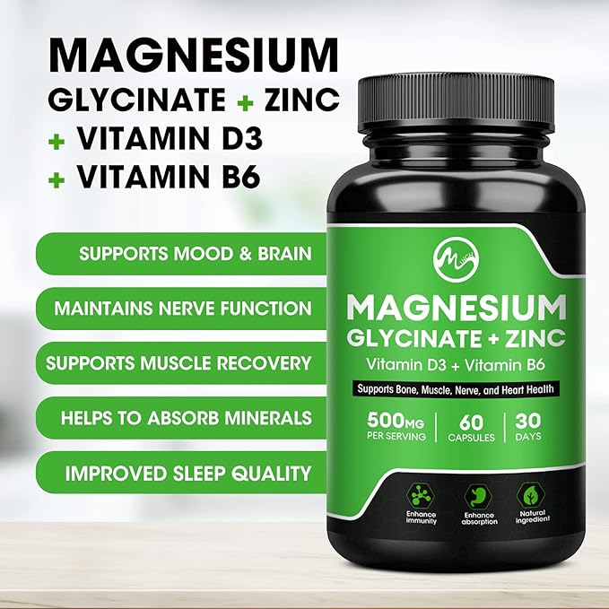 Magnesium Glycinate Capsules, Magnesium Glycinate Supplement with Magnesium Glycinate 500 mg, Zinc, Vitamin D3 & B6 - Promotes Nerve, Bowel, Relaxation Function - 60 Vegan Capsules