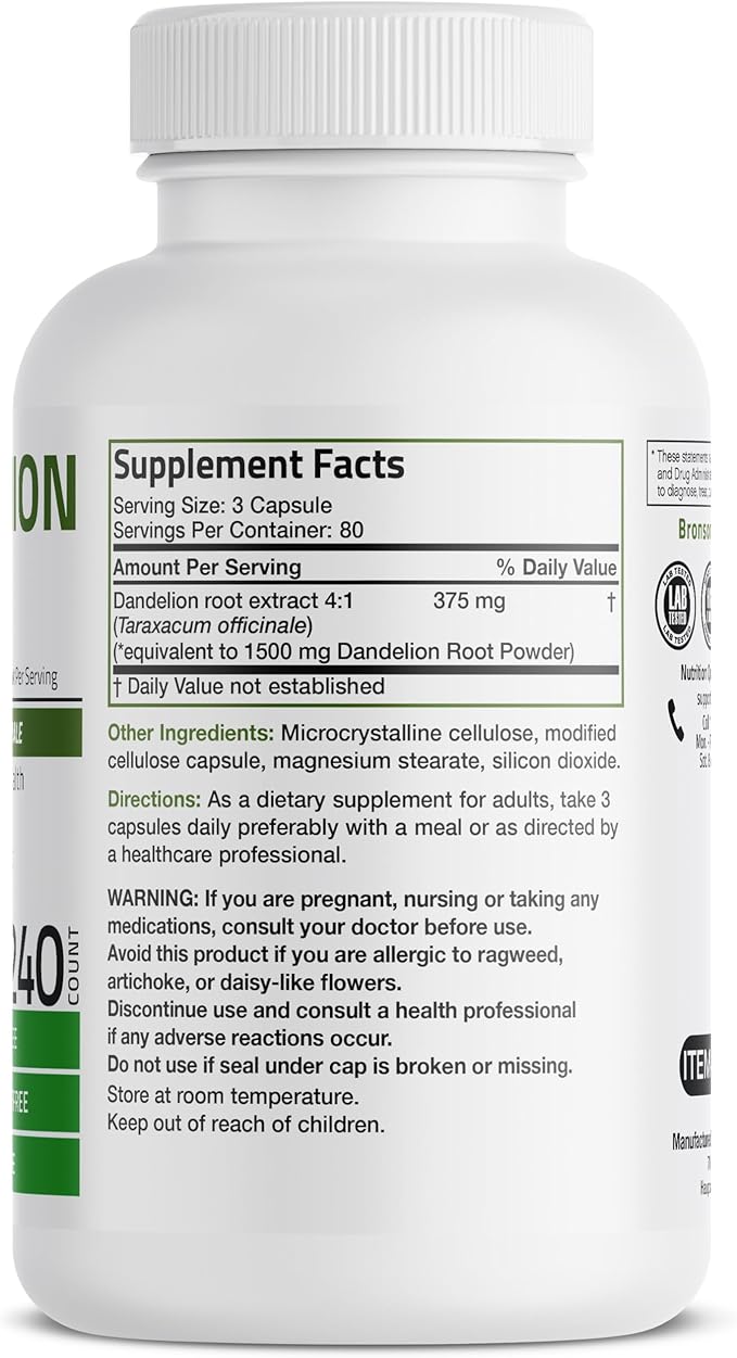 Bronson Dandelion Root High Potency Supplement, Supports Overall Good Health & Well-Being, Traditional Diuretic Herb - Non-GMO, 240 Vegetarian Capsules