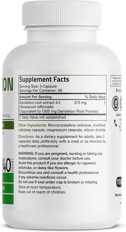Bronson Dandelion Root High Potency Supplement, Supports Overall Good Health & Well-Being, Traditional Diuretic Herb - Non-GMO, 240 Vegetarian Capsules
