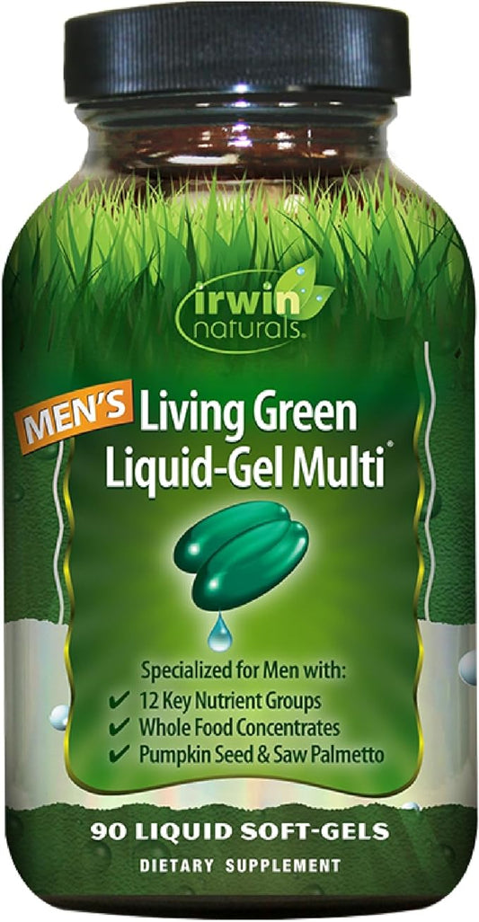 Irwin Naturals Men's Living Green Liquid-Gel Multi - 70 Essential Nutrients, Full-Spectrum Vitamins, Wholefood Blend - Targeted Adrenal & Brain Support - 90 Liquid Softgels