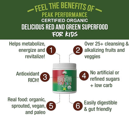 Kids Greens and Reds Superfood Powder. Best Tasting Organic Vegan Super Food Juice with 25+ Real Fruits and Vegetables. Gluten Free Real Food Vitamins. Green and Red Superfoods Supplement for Children