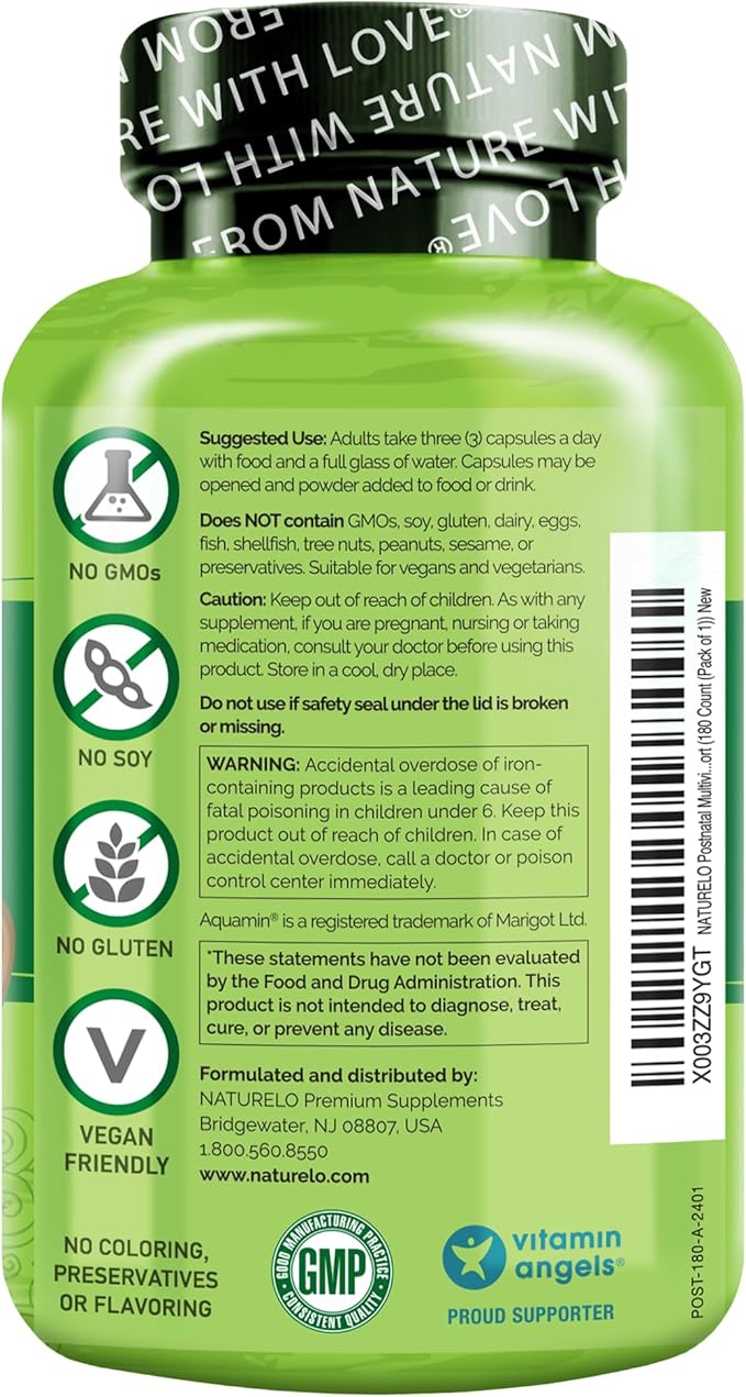 NATURELO Postnatal Multivitamin - Supplement for Breastfeeding Women - Plant-Based Vitamin D, Folate, Gentle Iron - for Nursing Mother, Baby - Post Natal Lactation Support (180 Count (Pack of 1))