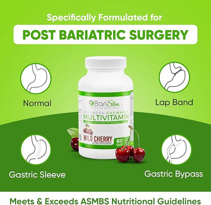 BariSlim Advanced Chewable Bariatric Multivitamin Tablets - Bariatric Vitamin and Supplement for Post Bariatric Surgery Including Gastric Bypass and Gastric Sleeve | Wild Cherry (60 Count)