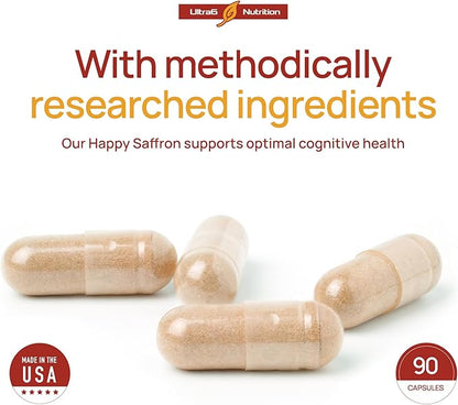Happy Saffron Supplements - 100% Pure Saffron Extract Supplement - Mood Enhancer for Women & Men - Saffron Supplements for Eye Health Support - Saffron Supplement - Saffron Capsules - 90 Servings