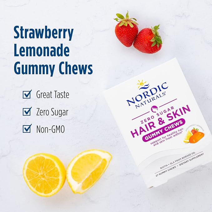 Nordic Naturals Zero Sugar Hair & Skin Gummy Chews, Strawberry Lemonade - 27 Gummy Chews - Biotin + GLA from Borage Oil - Promotes Healthy Balance of Fats in Skin - Non-GMO - 27 Servings