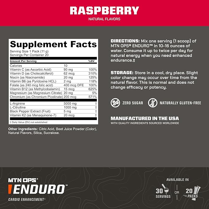 MTN OPS Enduro Trail Packs Nitric Oxide Stim Free Pre Workout | Magnesium Citrate, L Arginine & L Citrulline Caffeine Free Preworkout | 20 Serving Raspberry