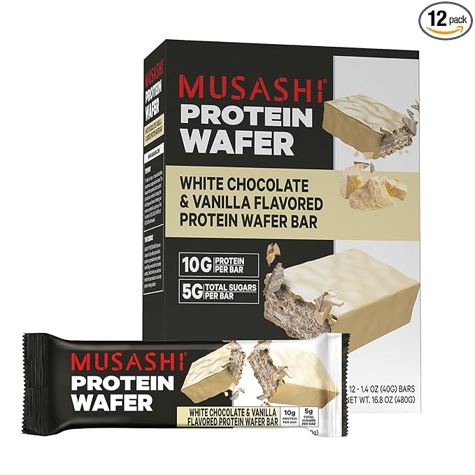 MUSASHI Protein Wafer Bar, 10g Protein, 5g Total Sugars, White Chocolate & Vanilla, Post Workout and Protein Snack On The Go, 12 Pack of 1.4oz (40g) Bars