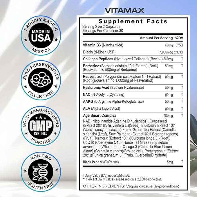 Resveratrol NAD+ Berberine Hyaluronic Acid - Biotin Grape & Blueberry + NAC - Collagen Peptides - Hair, Nail, Skin & Joint Supplement - 21-in-1 Women and Men - Made in USA (60 Count (Pack of 1)