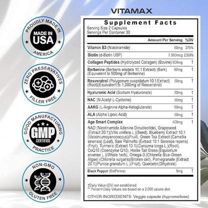 Resveratrol NAD+ Berberine Hyaluronic Acid - Biotin Grape & Blueberry + NAC - Collagen Peptides - Hair, Nail, Skin & Joint Supplement - 21-in-1 Women and Men - Made in USA (60 Count (Pack of 1)