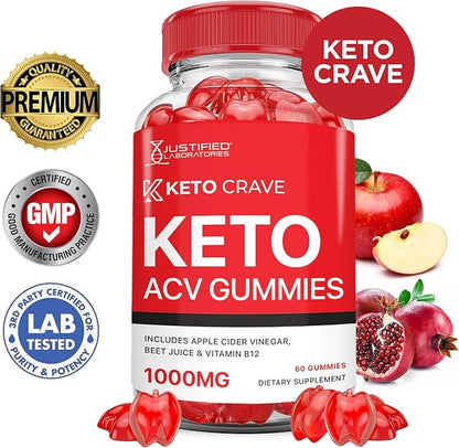 (5 Pack) Keto Crave Keto ACV Gummies Advanced Formula 1000MG Keto Crave Keto Gummies Apple Cider Vinegar Formulated with Pomegranate Beet Juice Powder B12 Vegan Non GMO 300 Gummys