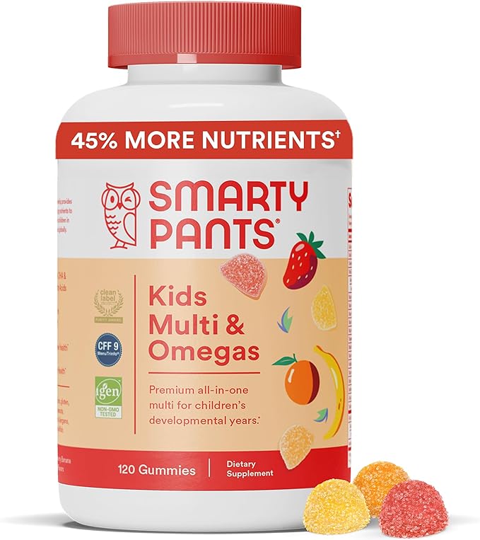 SmartyPants Kids Multivitamin Gummies: Omega 3 Fish Oil (EPA/DHA), Vitamin D3, C, Vitamin B12, B6, Vitamin A, K & Zinc for Immune Support, Gluten Free, Three Fruit Flavors, 120 Count (30 Day Supply)