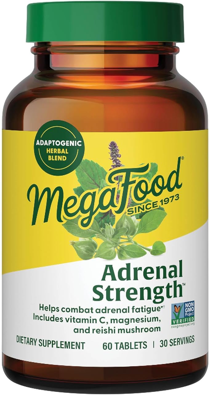 MegaFood Adrenal Strength - Sensoril Ashwagandha, Vitamin C, Fermented Magnesium Glycinate, Rhodiola Rosea, Reishi Mushroom & Food Blend - Supports a Normal Stress Response - 60 Tabs (30 Servings)