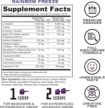Prevail Pre Workout Powder with Nootropics: Pre Workout for Men and Women, Cutting Edge Energy and Focus Supplement with L Citrulline, Alpha GPC, L Tyrosine, Neurofactor | Rainbow Freeze, 40 SRV