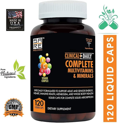 Clinical Daily Complete Whole Food Multivitamin Supplement for Women & Men - Complete Liquid Vitamin Absorption! 42 Superfood Fruits Vegetables - Young Adult to Senior - 120 Liquid Capsules