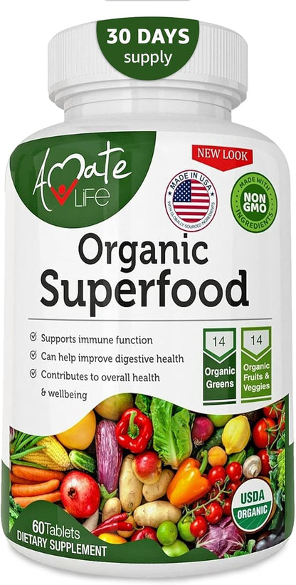 Organic Superfood Greens Fruits and Veggies Complex - Best Dietary Supplement with 14 Greens and 14 Fruits & Vegetables with Alfalfa Rich in Antioxidants Organic Ingredients Non-GMO 60 Tablets