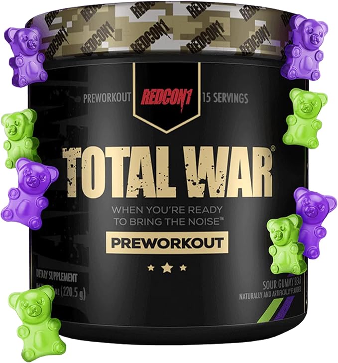 REDCON1 Total War Preworkout, Sour Gummy Bear - Pump, Endurance & Energy Boosting Workout Supplement - Caffeinated Pre Workout Powder with Taurine, Green Tea + Di Caffeine Malate (15 Servings)
